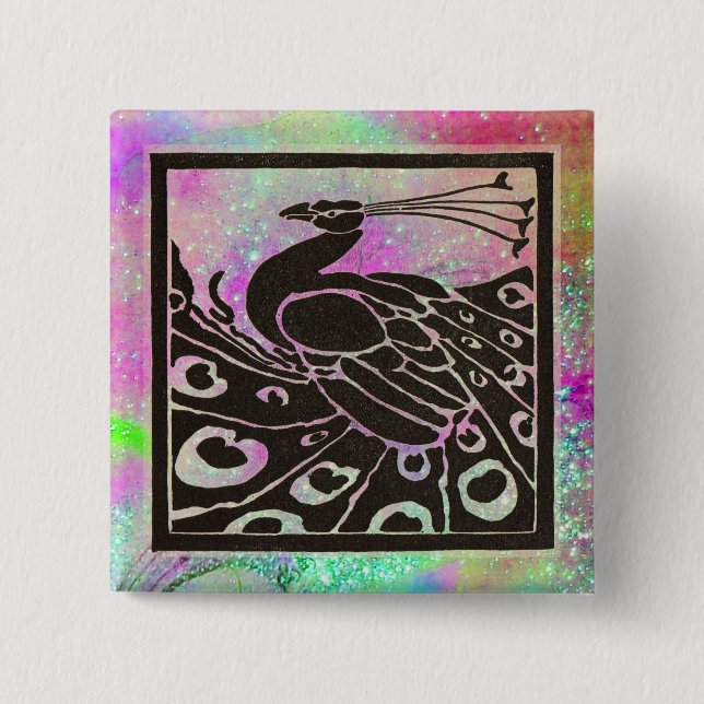 ELEGANT BLACK PEACOCK IN PURPLE BLUE SPARKLES PINBACK BUTTON (Front)