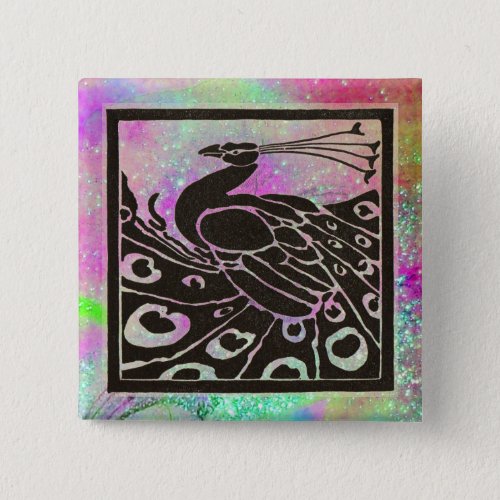 ELEGANT BLACK PEACOCK IN PURPLE BLUE SPARKLES PINBACK BUTTON