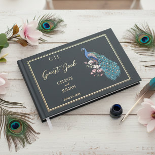 Elegant Black Peacock Photo Wedding Guest Book