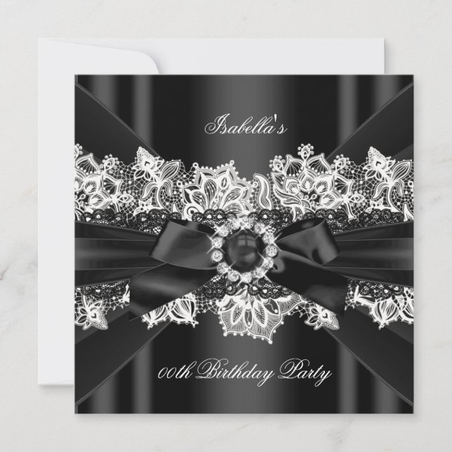 Elegant Black Pearl White Lace Bow Birthday Party Invitation (Front)