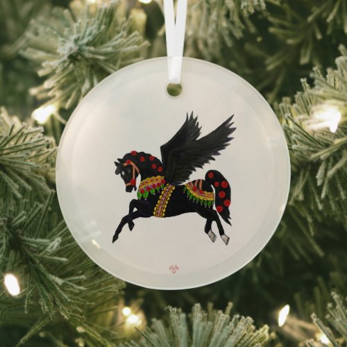 Elegant Black Pegasus Vintage Carousel Horse  Glass Ornament