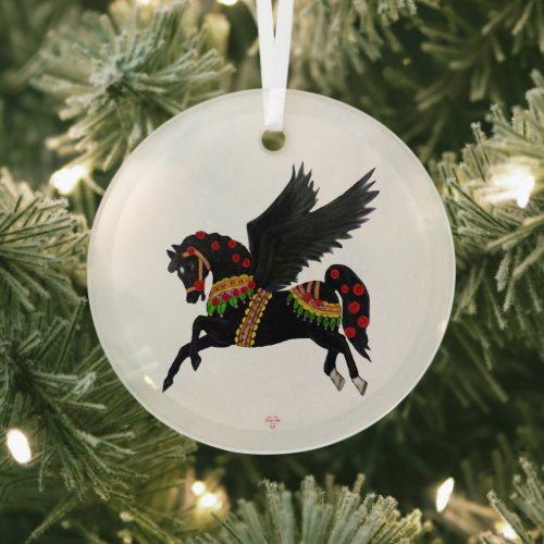 Elegant Black Pegasus Vintage Carousel Horse  Glass Ornament