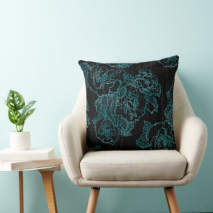 Elegant Black Peonies Pillow Teal Floral