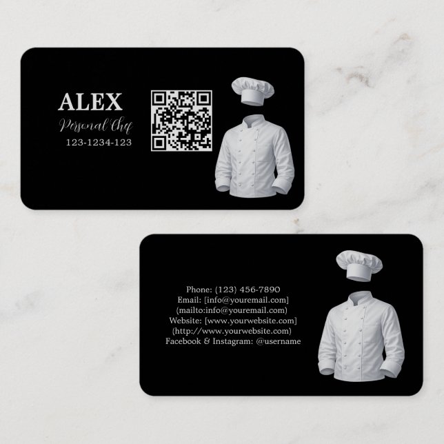 Elegant Black Personal Chef QR Code Business Card (Front/Back)