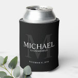 Elegant Black Personalized Groomsmen Can Cooler<br><div class="desc">Add a personal touch to your wedding with personalized groomsmen can cooler. This can cooler features personalized groomsman's name with title and wedding date in white and monogram in grey as background, in classic serif font style, on black background. Also perfect for best man, father of the bride, ring bearer...</div>
