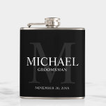 Elegant Black Personalized Groomsmen Flask<br><div class="desc">Add a personal touch to your wedding with personalized groomsmen flask.
This flask features personalized groomsman's name with title and wedding date in white and monogram in grey as background,  in classic serif font style,  on black background.

Also perfect for best man,  father of the bride and more.</div>