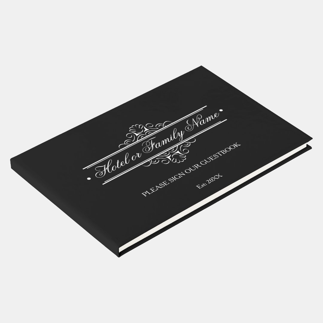 Elegant Black Personalized Hotel Or Family Guest Book | Zazzle