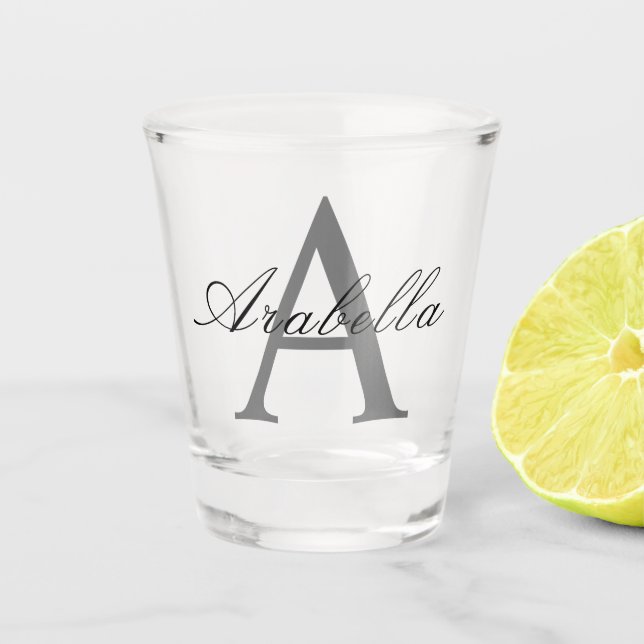 Elegant Black  Personalized Monogram  Name  Shot Glass (Front)