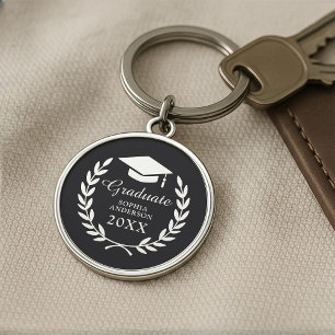Elegant Black Personalized Name Graduation Emblem Keychain