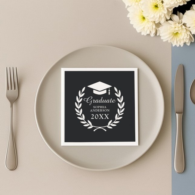 Elegant Black Personalized Name Graduation Emblem Napkins (Creator Uploaded)