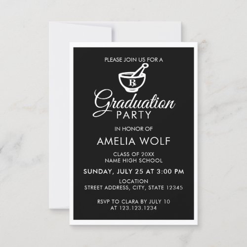 Elegant Black Pharmacist Graduation Party Invitation