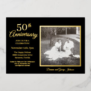 Elegant Black Photo 50th Anniversary Gold Foil Invitation