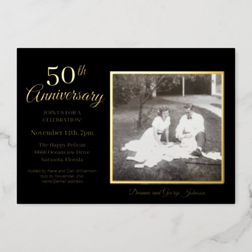 Elegant Black Photo 50th Anniversary Gold Foil Invitation