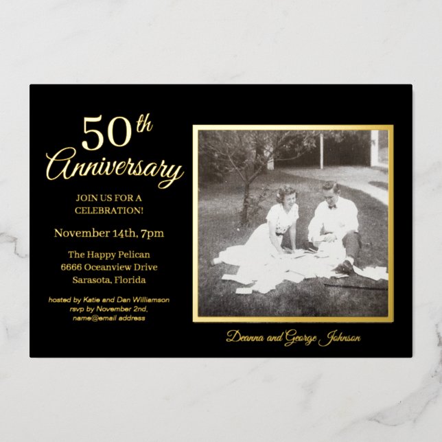 Elegant Black Photo 50th Anniversary Gold Foil Invitation (Front)