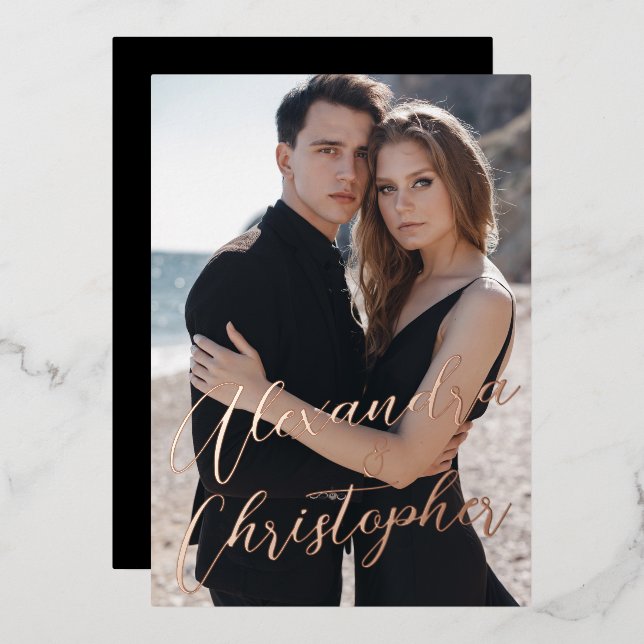 Elegant Black Photo Calligraphy Save the Date Foil Invitation (Front/Back)