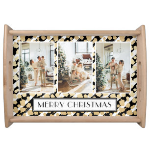 Elegant Black Photo Collage Merry Christmas Serving Tray