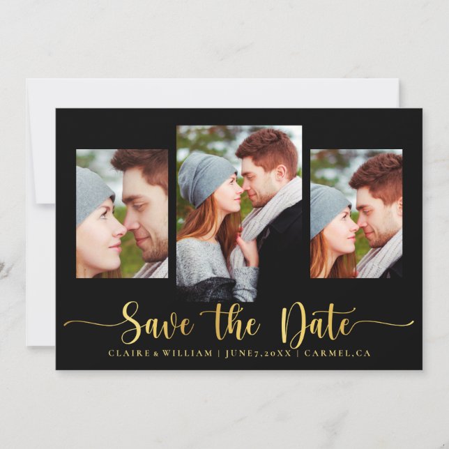 Elegant Black Photo Collage Save the Date Card (Front)