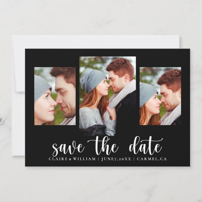 Elegant Black Photo Collage Save the Date Card (Front)