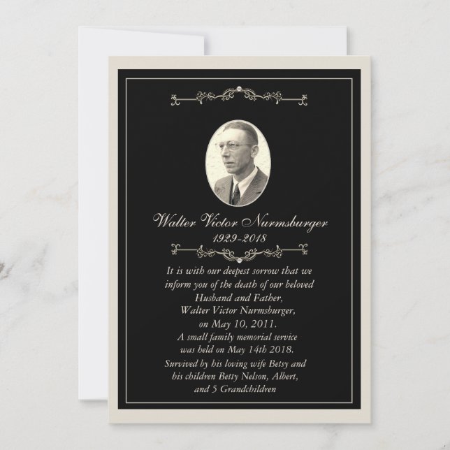 Elegant Black Photo Death Announcement Card (Front)