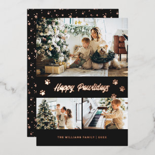 Elegant Black Photo Happy Pawlidays Rose Gold Foil Holiday Card