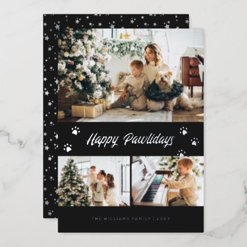 Elegant Black Photo Happy Pawlidays Silver Foil Holiday Card