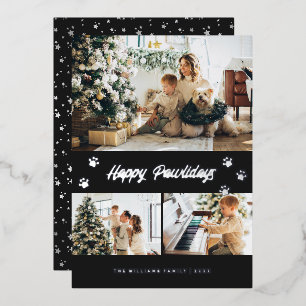 Elegant Black Photo Happy Pawlidays Silver Foil Holiday Card