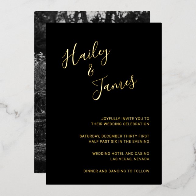 Elegant Black Photo Modern Wedding Foil Invitation (Front/Back)