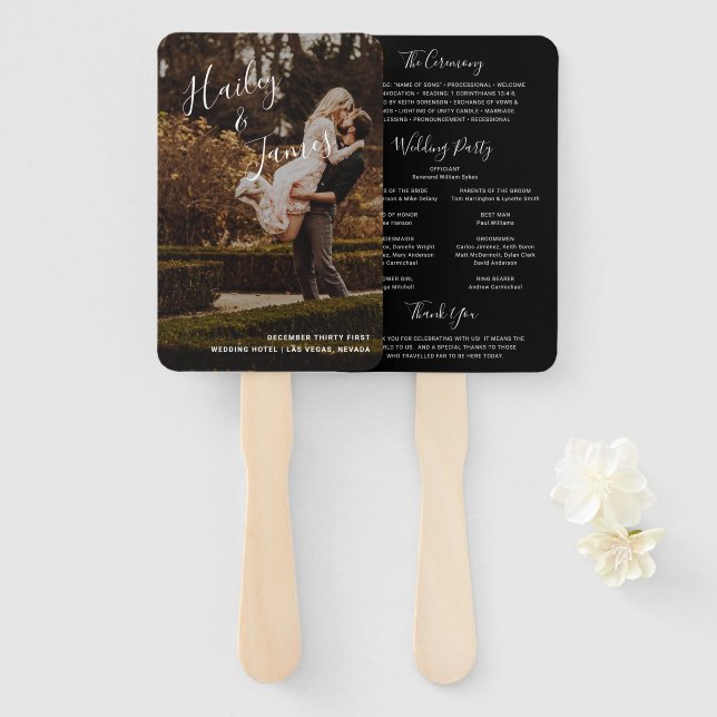 Elegant Black Photo Modern Wedding Program Hand Fan (Front and Back)