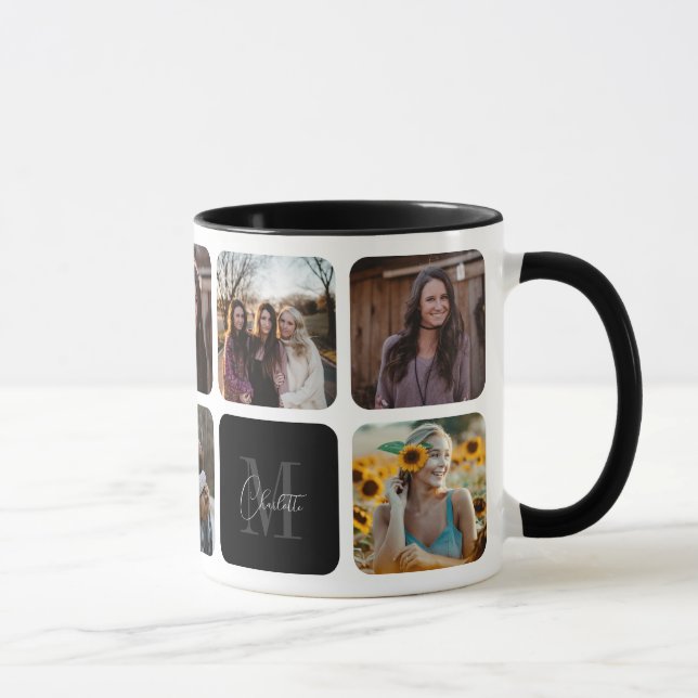 Elegant Black Photo Name Collage Monogram Mug (Right)