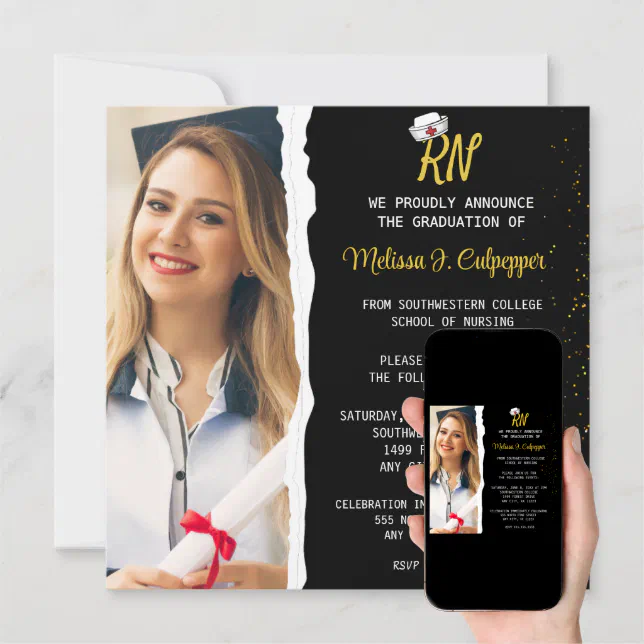 Elegant Black Photo Nursing Graduation Invitation | Zazzle