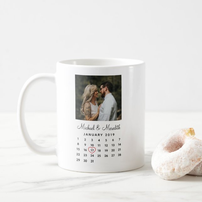 Elegant Black Photo Wedding Anniversary Calendar Coffee Mug (With Donut)