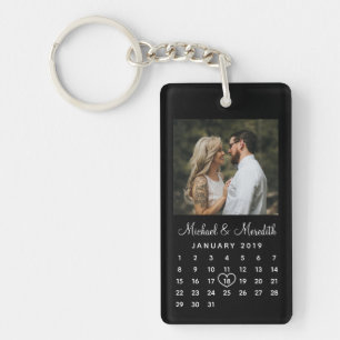 Elegant Black Photo Wedding Anniversary Calendar Keychain