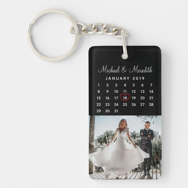 Elegant Black Photo Wedding Anniversary Calendar Keychain (Front)