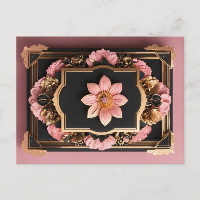 Elegant Black Pink 3D Flower Design Greetings Card (Front)