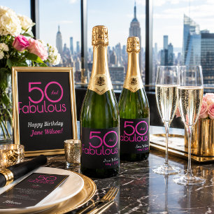 Elegant Black Pink 50 and Fabulous Birthday Party Sparkling Wine Label