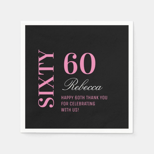 Elegant Black & Pink 60 Birthday Party Cocktail  Napkins (Front)