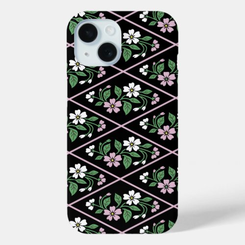 Elegant Black Pink and White Floral Pattern iPhone 15 Case
