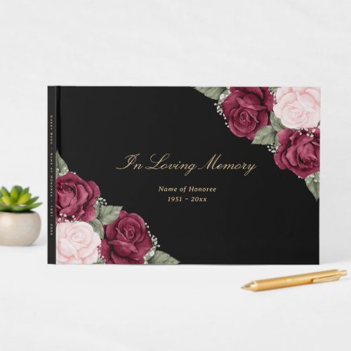 Elegant Black Pink Burgundy Floral Funeral Guest Book