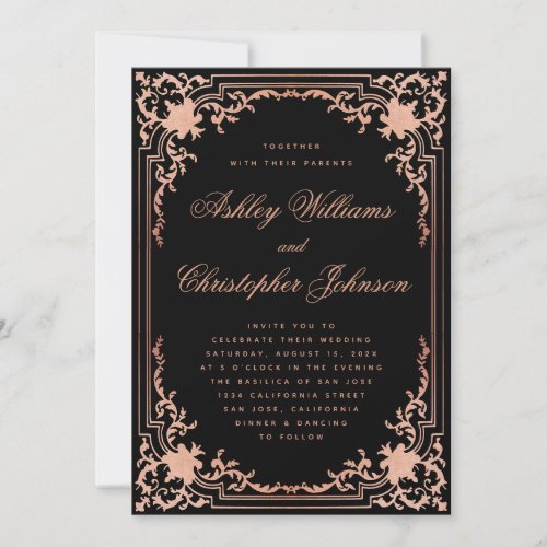  Elegant Black Pink Calligraphy Vintage Wedding Invitation