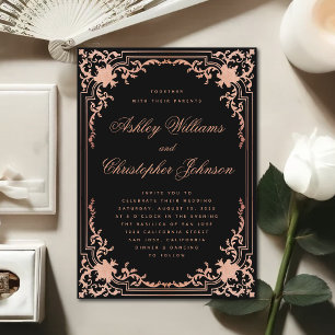 Elegant Black Pink Calligraphy Vintage Wedding Invitation