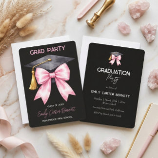 Elegant Black Pink Coquette Bow Graduation Invitation