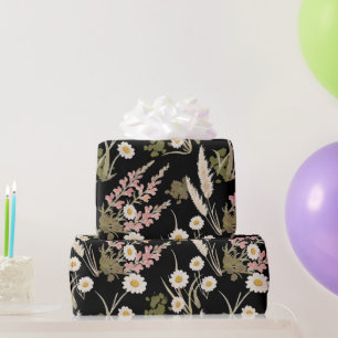 Elegant Black Pink Daisy Pampas Grass Snapdragon Wrapping Paper