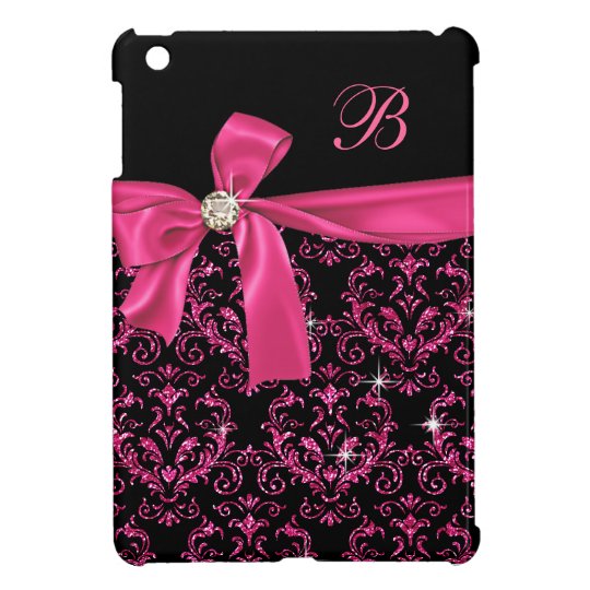 Elegant Black Pink Damask Diamond Bow Monogram iPad Mini Cover