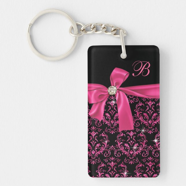 Elegant Black Pink Damask Diamond Bow Monogram Keychain (Front)