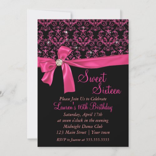 Elegant Black Pink Damask Sweet Sixteen Party Invite