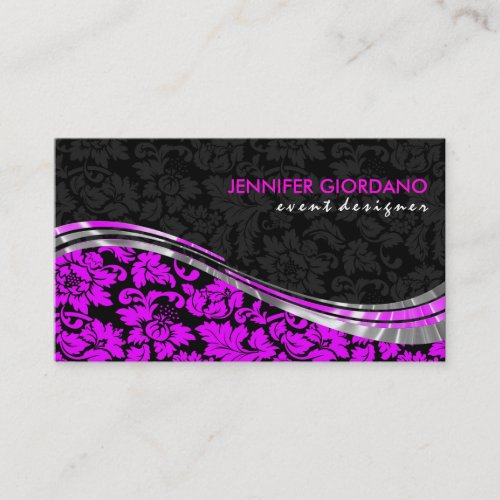 Elegant Black  Pink Damasks With Silver Accents Business Card