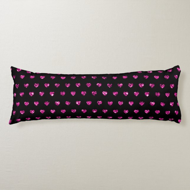 Elegant Black Pink Diamond Hearts Glam Bedding Body Pillow (Front)