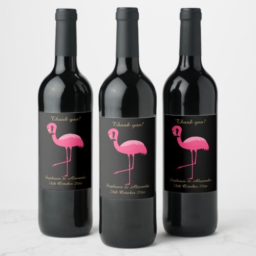 ELEGANT BLACK PINK FLAMINGO CUSTOMIZABLE WINE LABEL