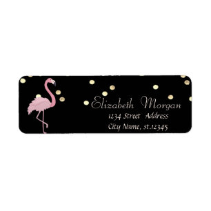 Elegant Black,Pink Flamingo Fux Gold Foil Confetti Label