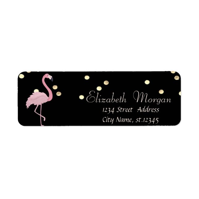 Elegant Black,Pink Flamingo Fux Gold Foil Confetti Label (Front)